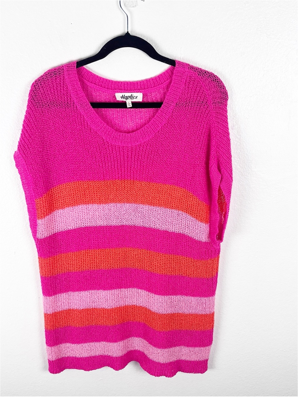 HAPTICS Fuchsia Orange Colorblock Stripe Short Sleeve Knit Dolman Sweater Large